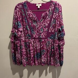 Style & Co. Magenta Floral Tiered Ruffle Blouse
